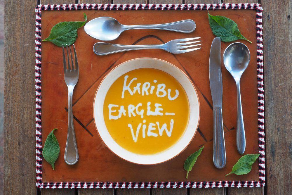 Closeup of tableware and food dish at Eagle View safari camp in Kenya.
