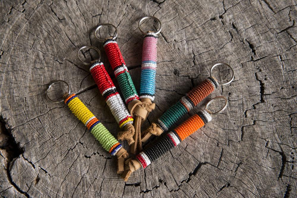African Maasai beaded handicrafts, multicolor beaded keychain.