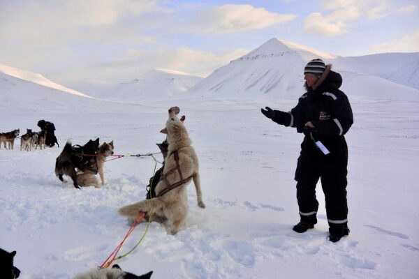 Person in snowsuit tossing food to husky sled dog on Basecamp Explorer dogsledding adventure on Svalbard.